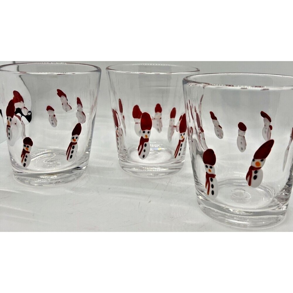 3 Crate & Barrel Hand Blown Tumbler Snowmen Holiday Double Rocks 12oz Glasses